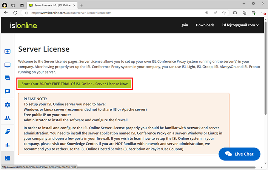 Cadastre-se para a Licença de Servidor