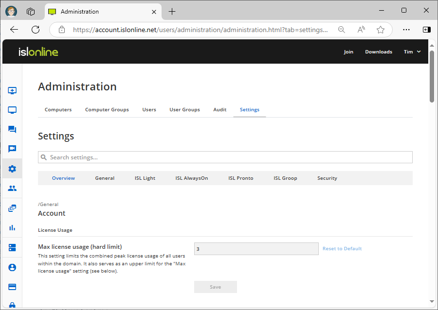 Settings page